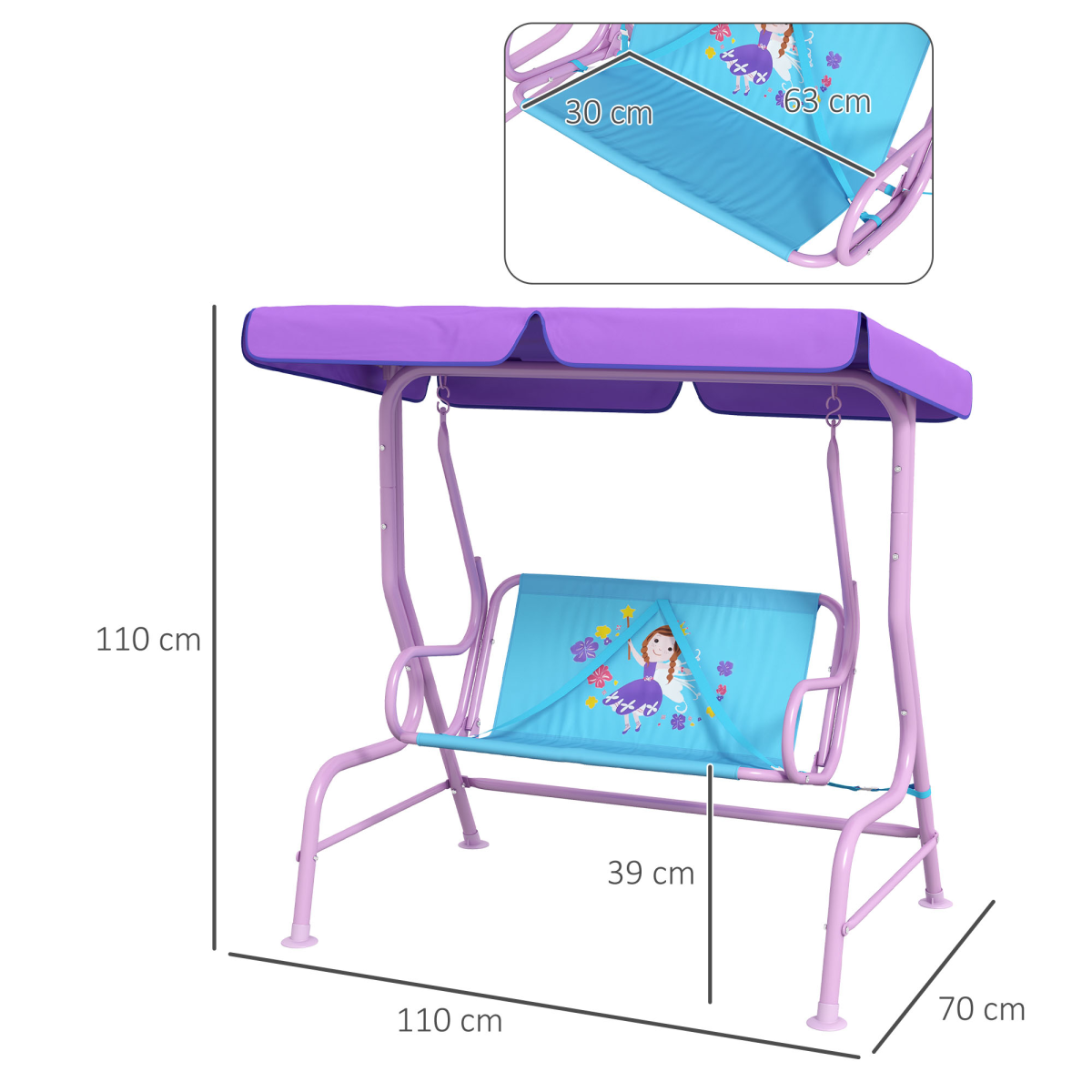 Outsunny 2 Seater Kids Swing Chair, Fairy-Themed with Adjustable Canopy