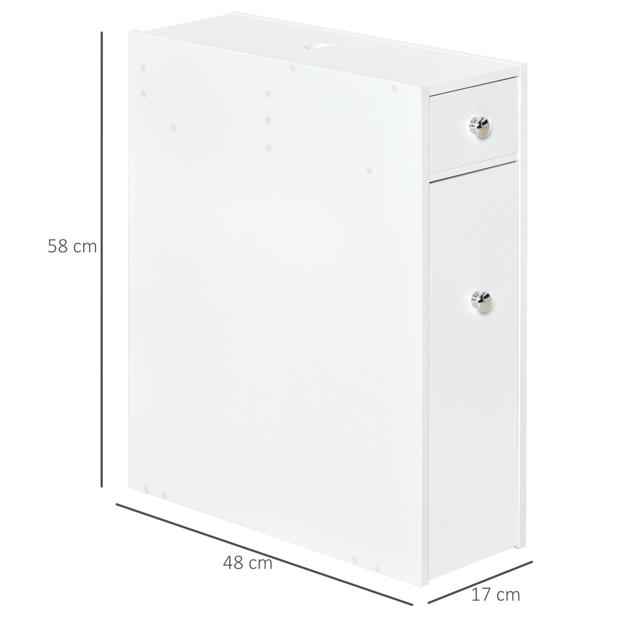 Slim White Bathroom Floor Cabinet with Large Drawer, Slide-Out Drawer and Top Tray, 58 x 17 x 48 cm