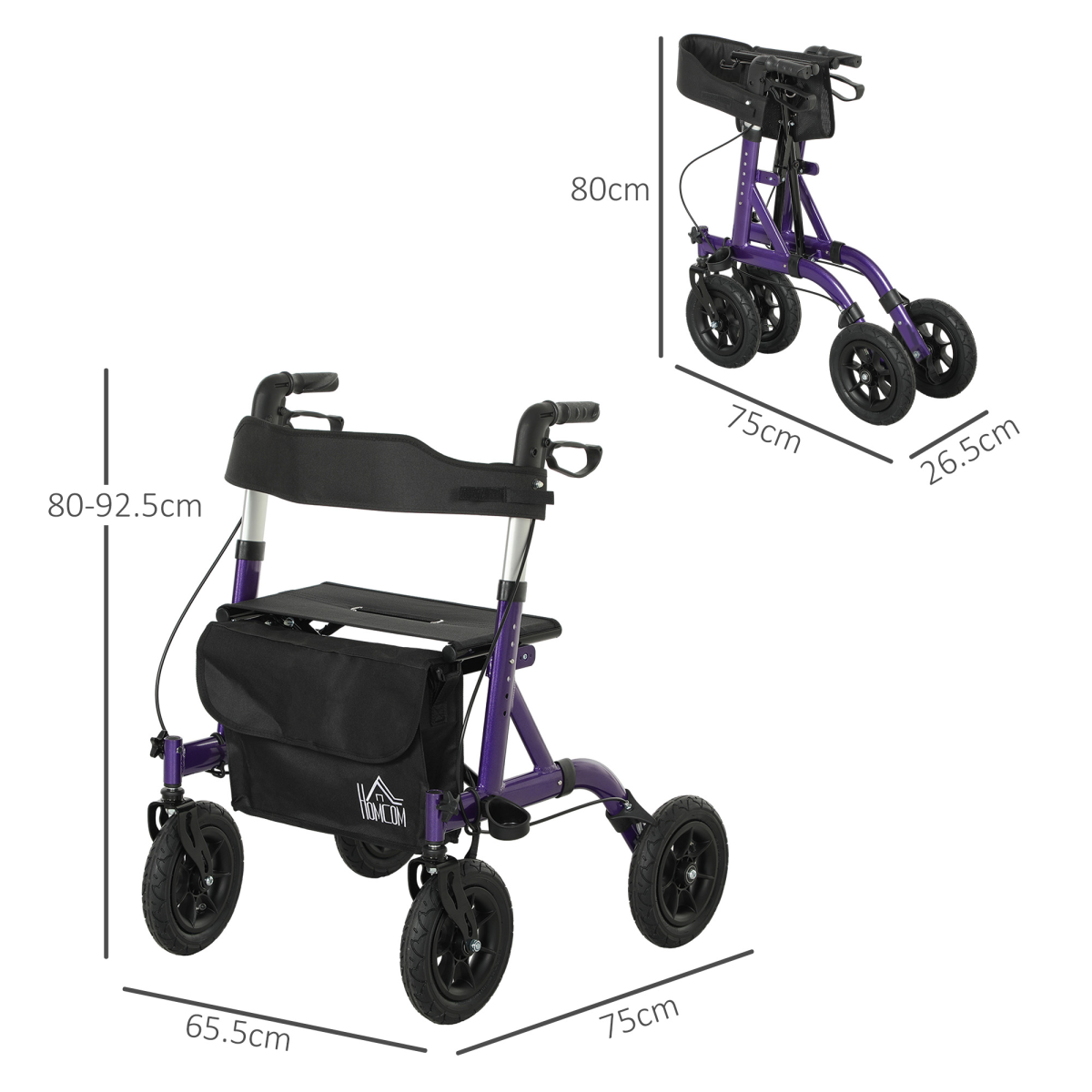 HOMCOM Rollator Walker with Seat, Brakes, Bag, All-Terrain Wheels
