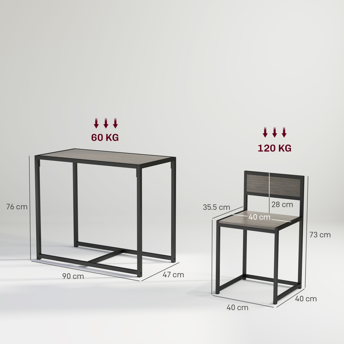 HOMCOM 3-Piece Dining Table Set, Steel Frame, Grey Wood-Effect