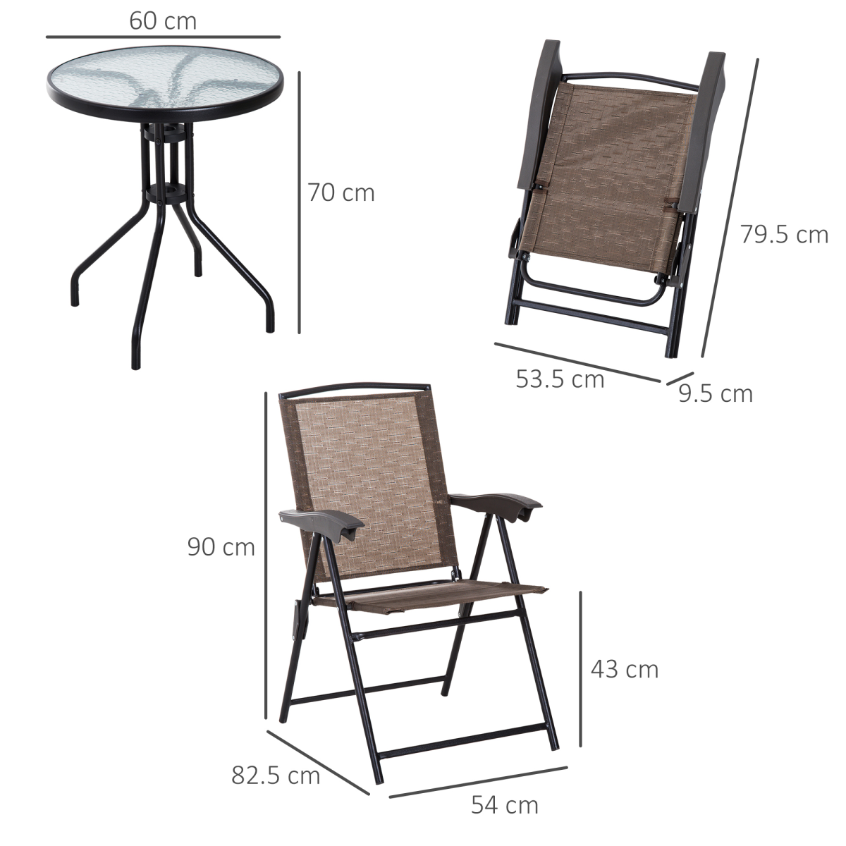 3-Piece Patio Bistro Set with Folding Chairs, Tempered Glass Table, Brown
