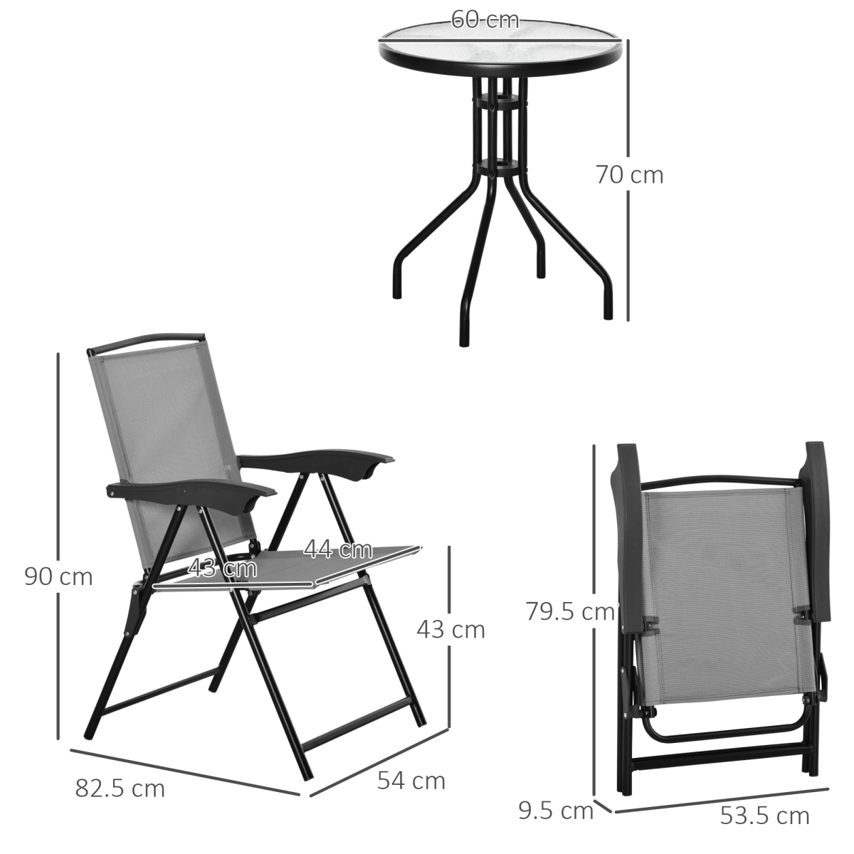 Grey Patio Bistro Set with Folding Chairs and Tempered Glass Coffee Table for Balcony, Outsunny