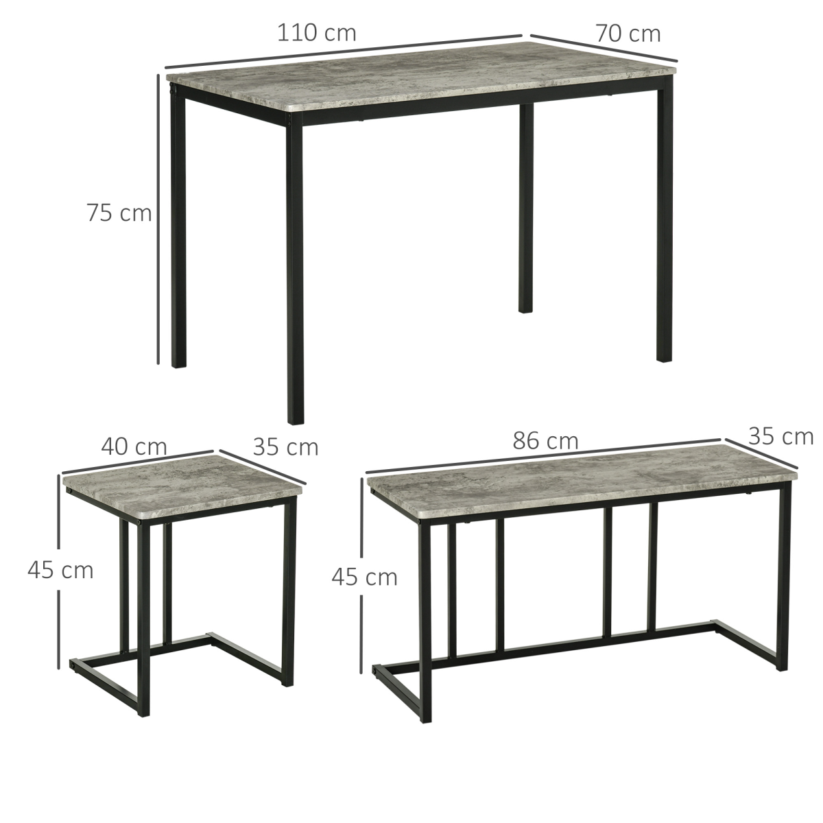 HOMCOM 4-Piece Dining Table Set for 4 People with 2 Stools and Bench, Concrete Effect Grey