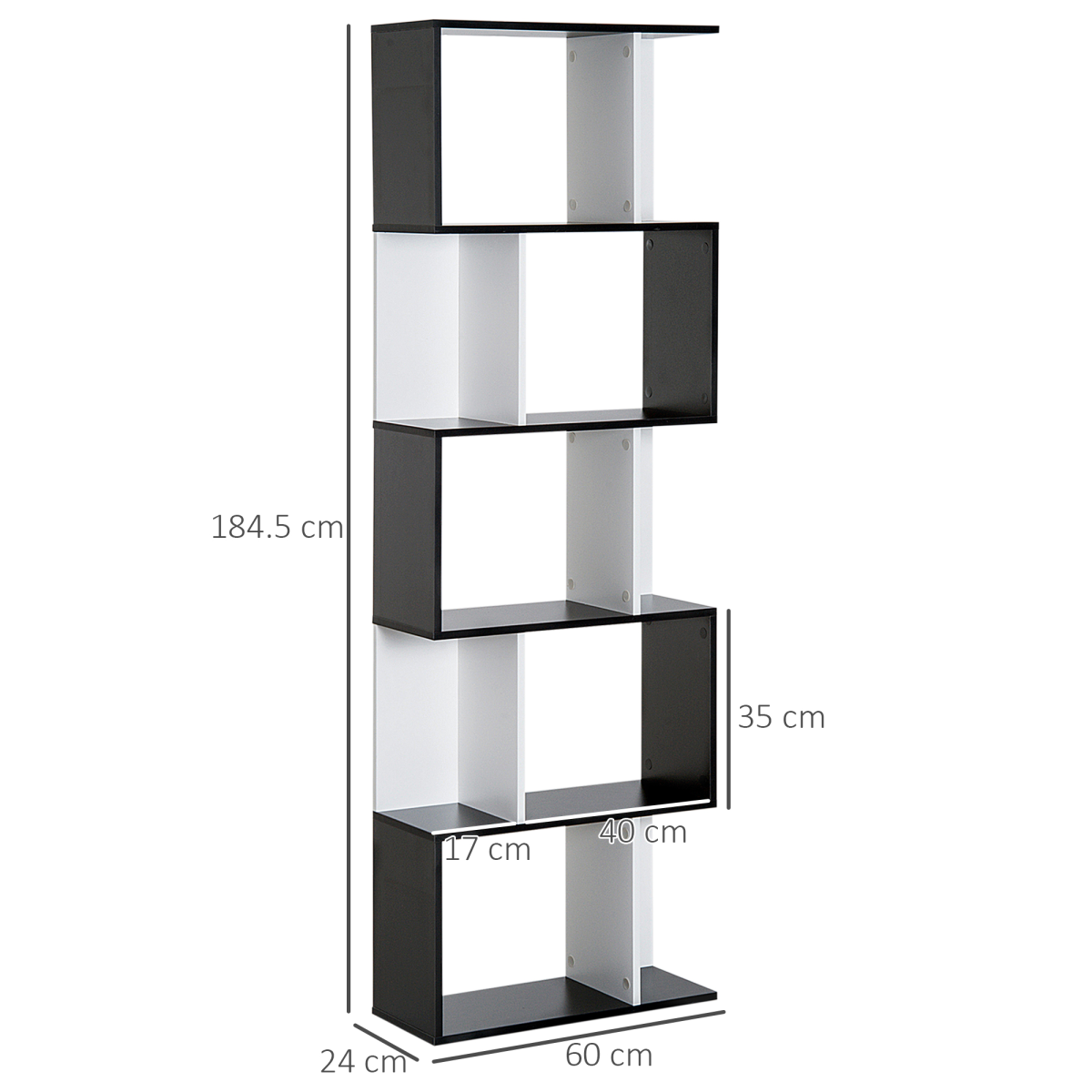 HOMCOM 5-Tier S-Shaped Bookcase Shelf Divider, Open-Back Display Storage Unit, Black
