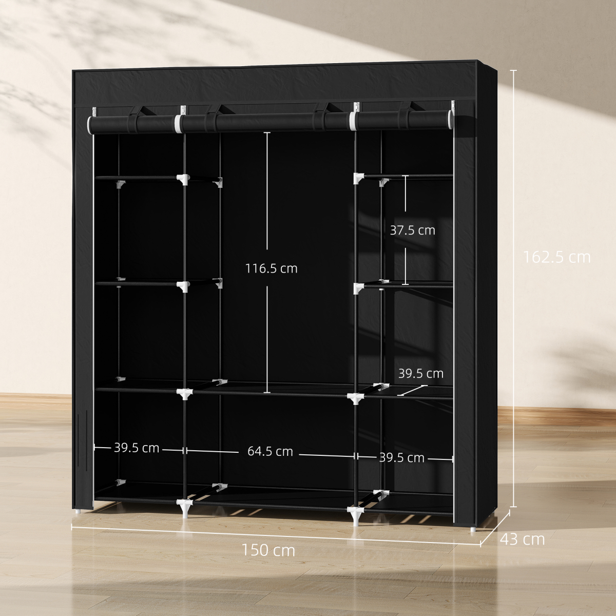 Portable Fabric Wardrobe with 10 Shelves and Hanging Rail, Black