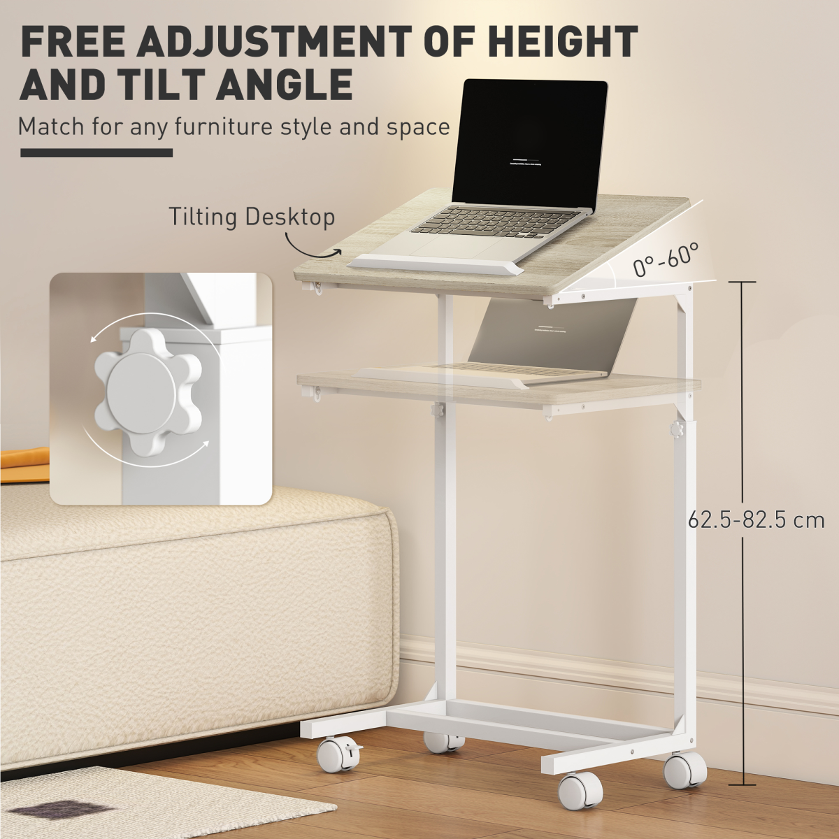 HOMCOM Height Adjustable C-Shaped Side Table with Casters, Oak