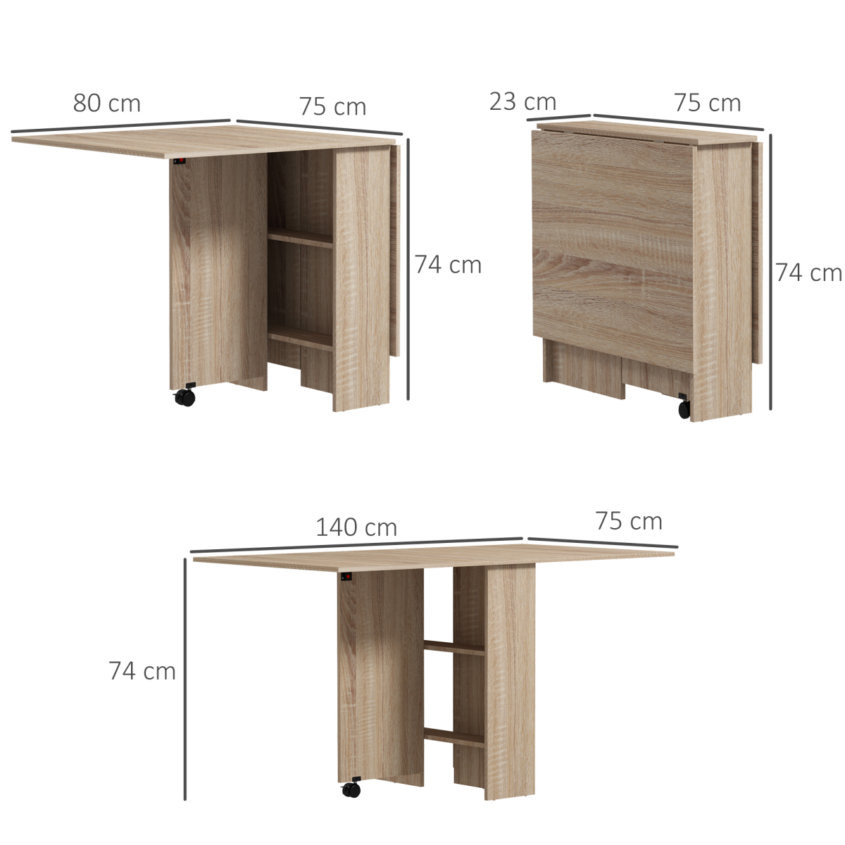 HOMCOM Mobile Drop Leaf Extendable Dining Table with Storage Shelves and Locking Wheels