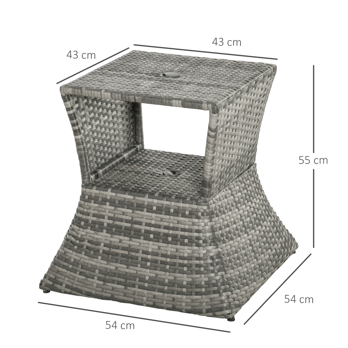 Outsunny Grey Rattan Coffee Table with Umbrella Hole & Storage Shelf