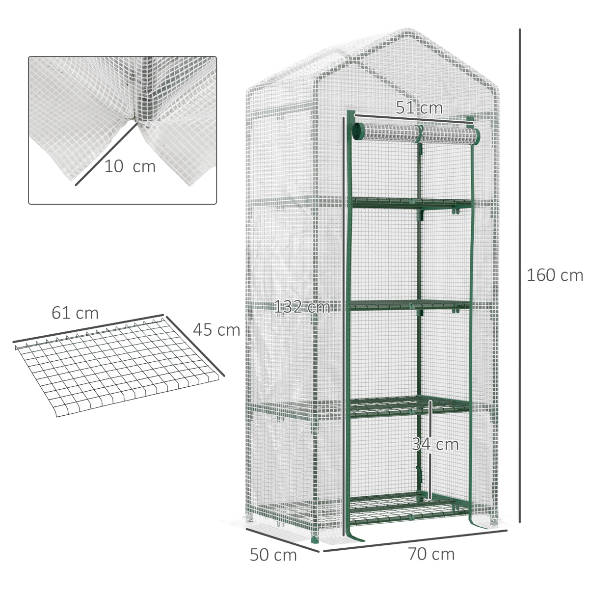Outsunny 4 Tier Portable Mini Greenhouse with Steel Frame, PE Cover, Zipped Roll-Up Door, 160x69x50cm