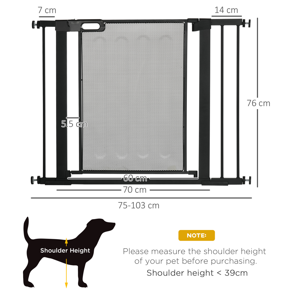 Pressure Fit Safety Gate for Doors, Auto-Close Dog Gate, Adjustable 75-103 cm, Black