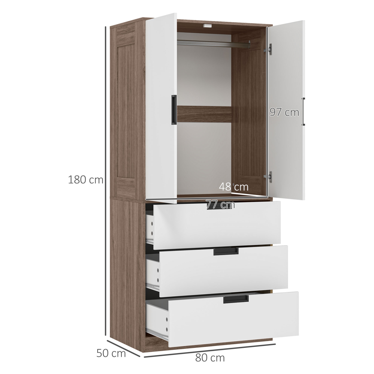 HOMCOM 2-Door Brown Wardrobe with 3 Drawers and Hanging Rod