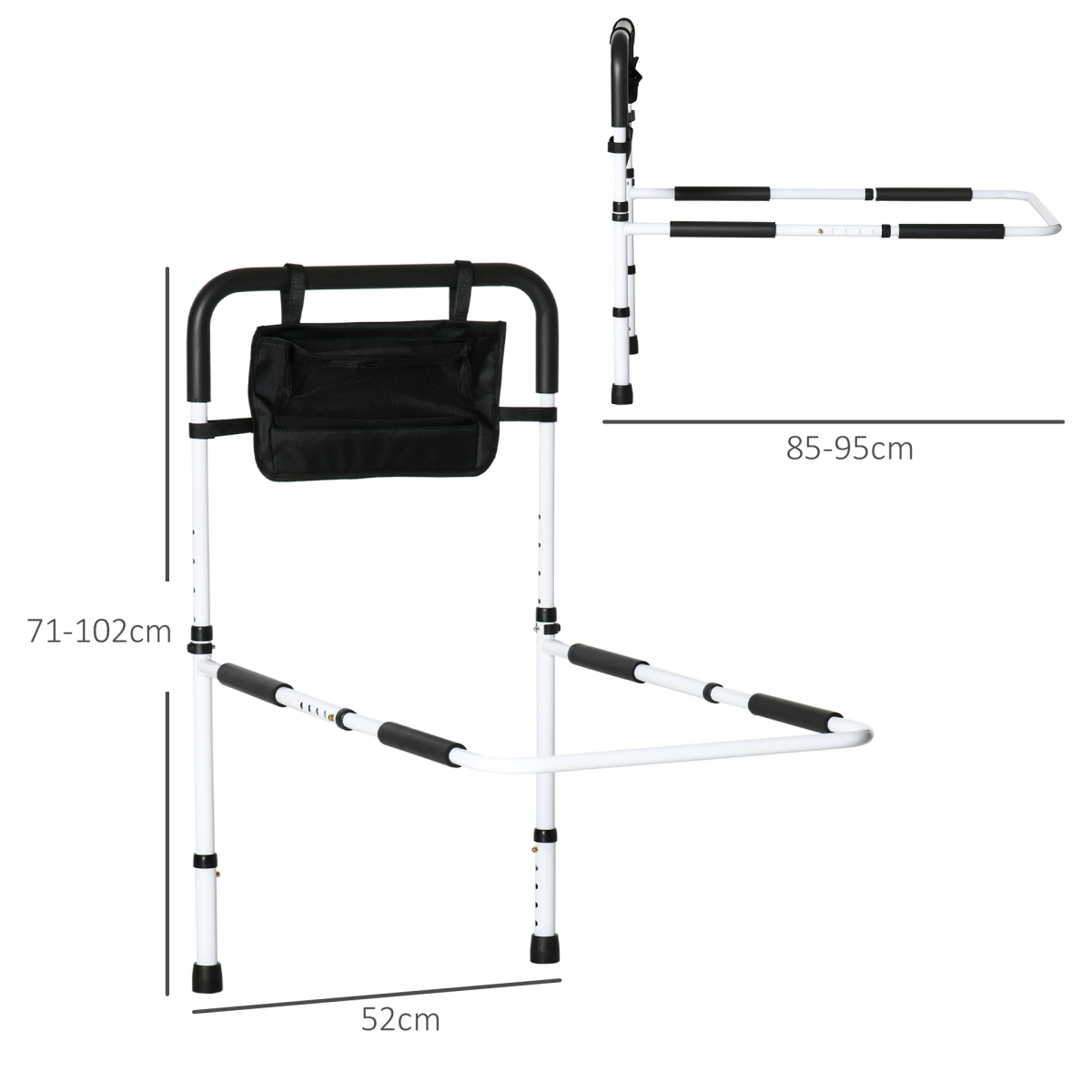 HOMCOM Adjustable Bed Assist Rail Grab Bar with Side Pocket, Steel Frame, White