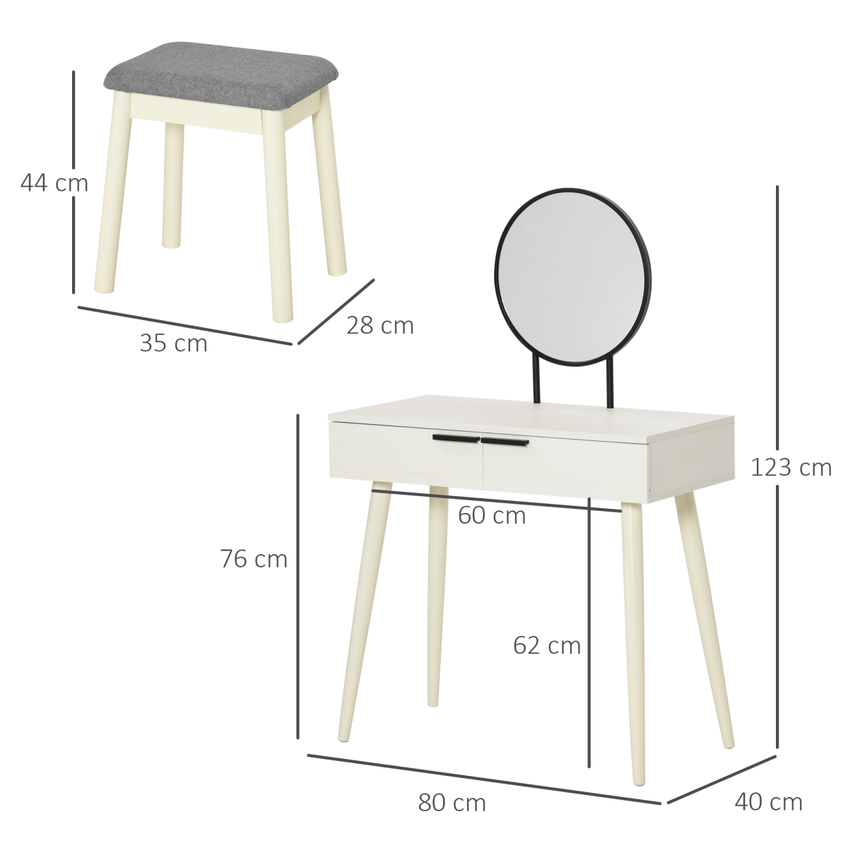 HOMCOM White Dressing Table Vanity Set with Round Mirror, Cushioned Stool, 2 Drawers