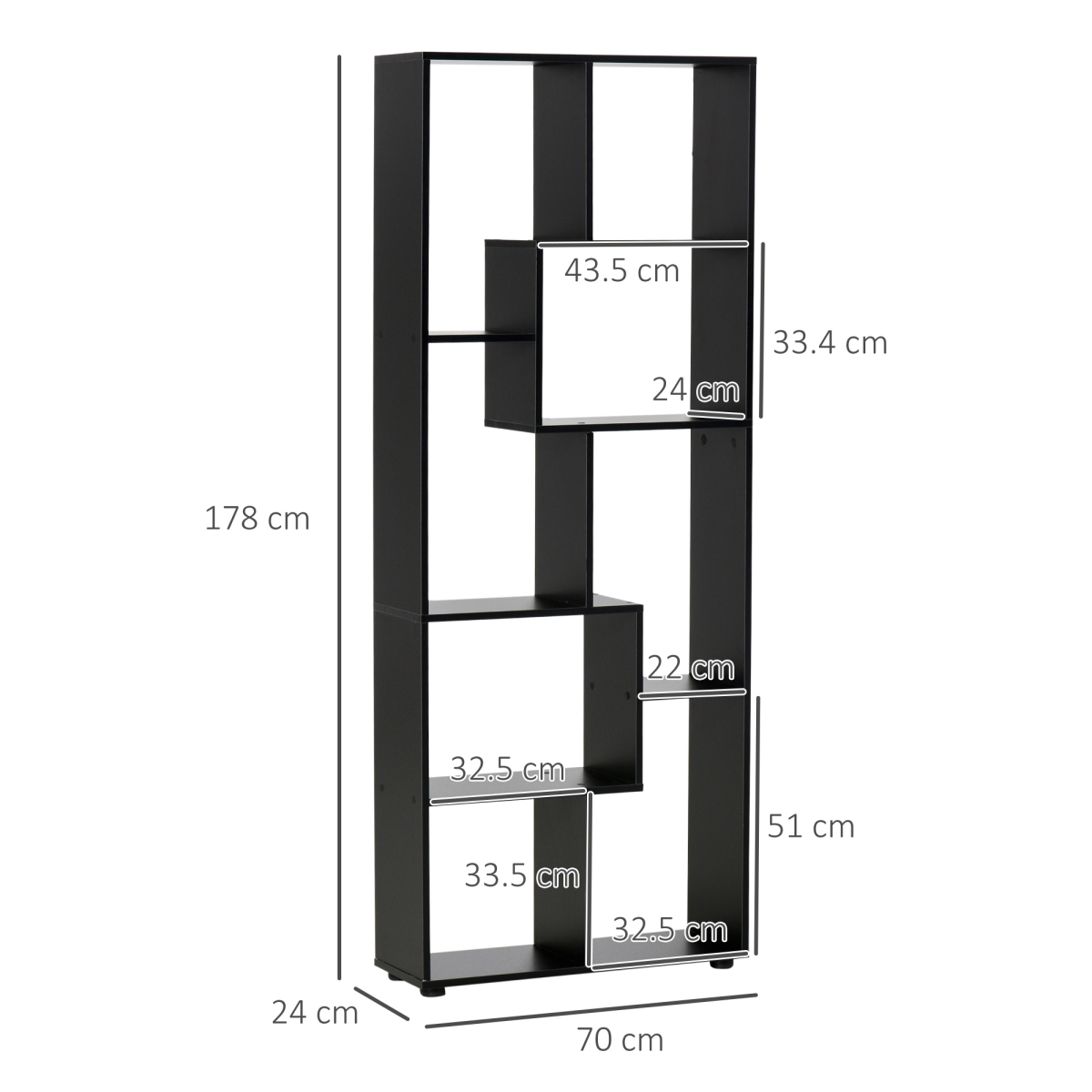 HOMCOM 178cm Black 8-Shelf Bookcase with Melamine Surface and Foot Pads, Multipurpose 8-Grid Storage