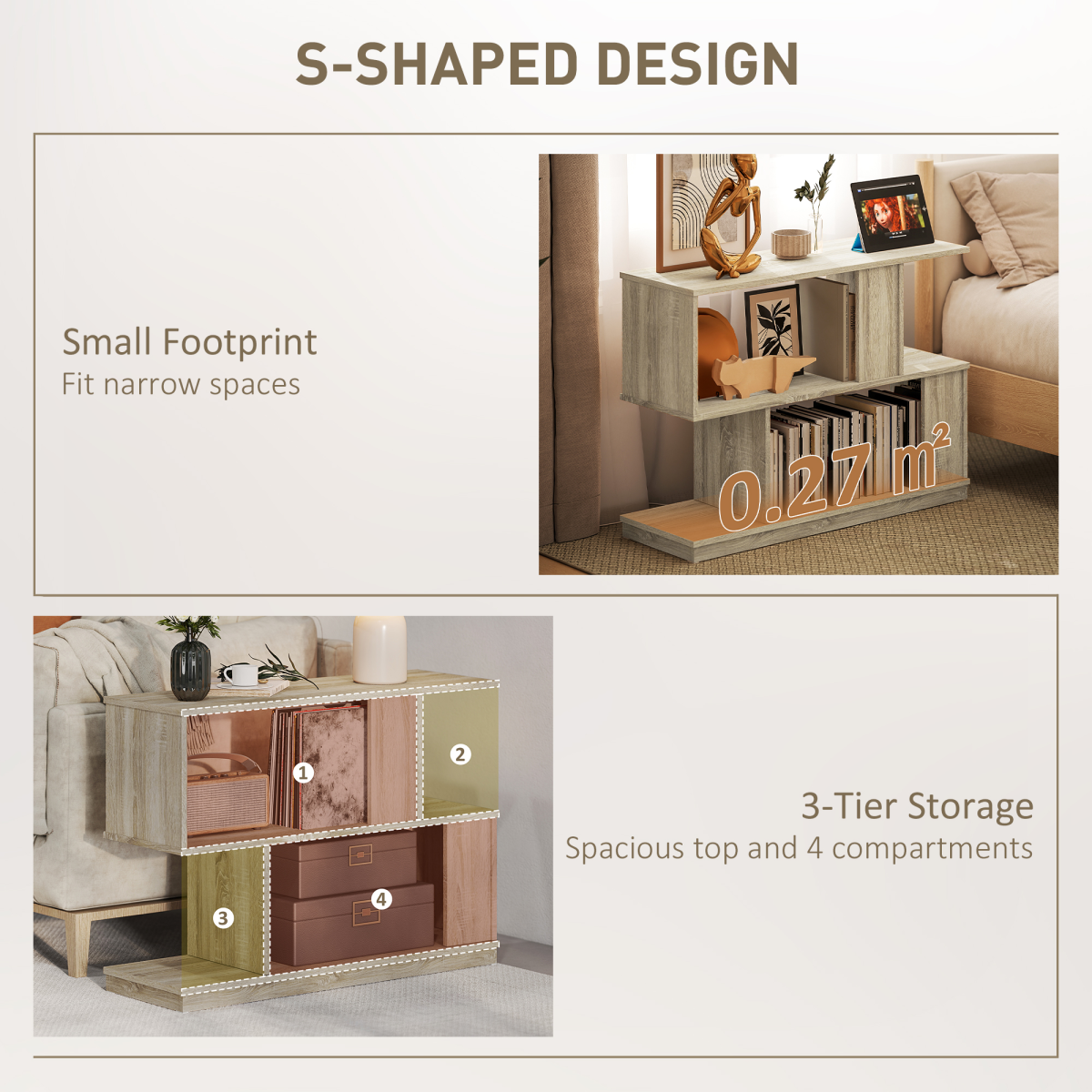 HOMCOM 3-Tier S-Shaped Narrow End Table, Natural Wood Finish