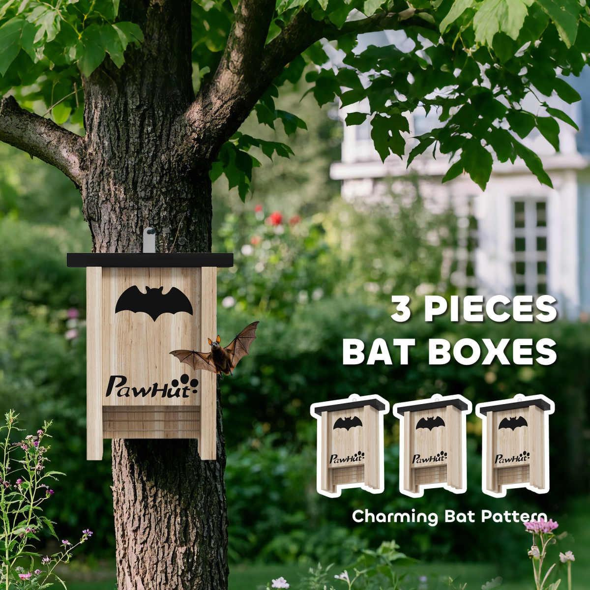 PawHut 3 Pack Bat Boxes, Fir Wood Bat House with Hook, 18 x 6 x 22.5 cm