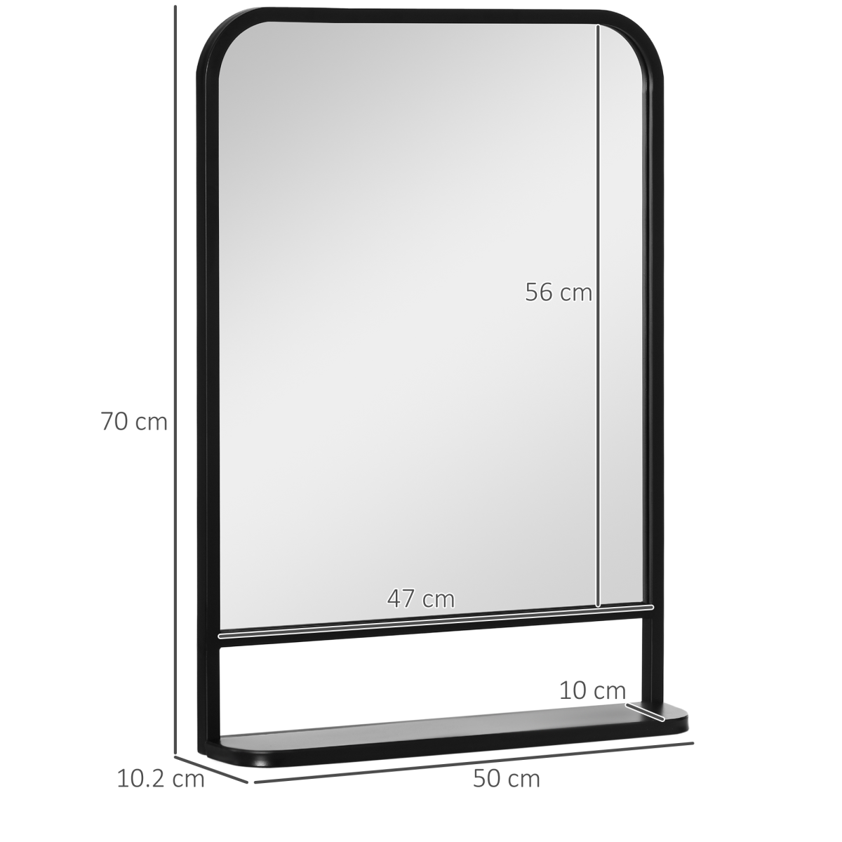 Square Wall Mirror with Shelf, 70x50 cm, Black Metal Frame