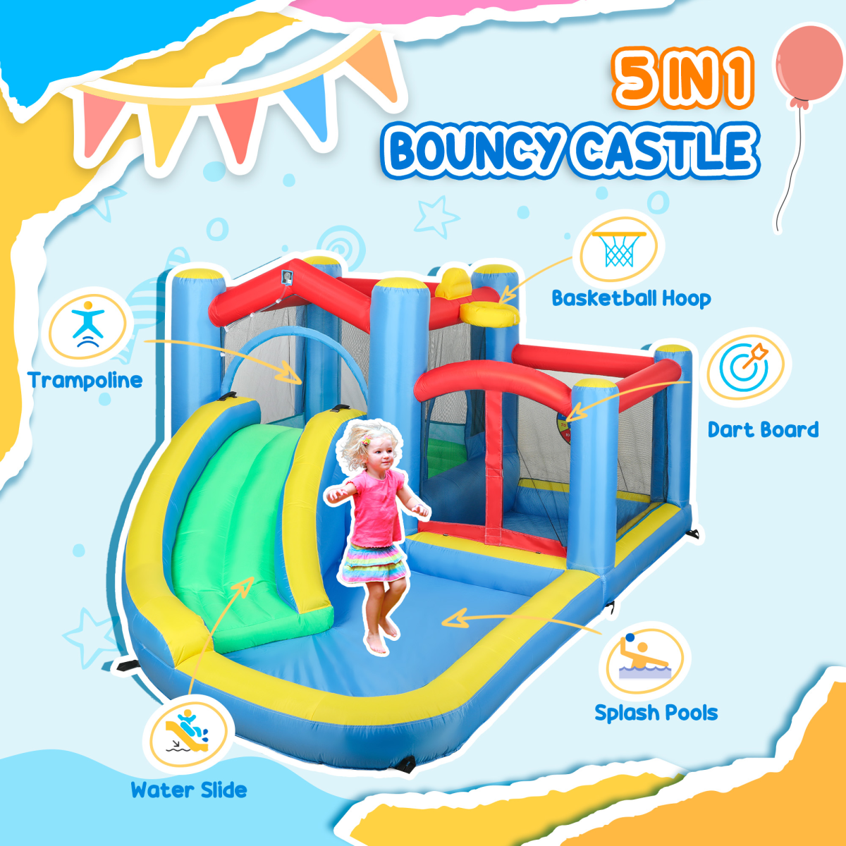 AIYAPLAY 5-in-1 Inflatable Bouncy Castle, 550W Blower Included