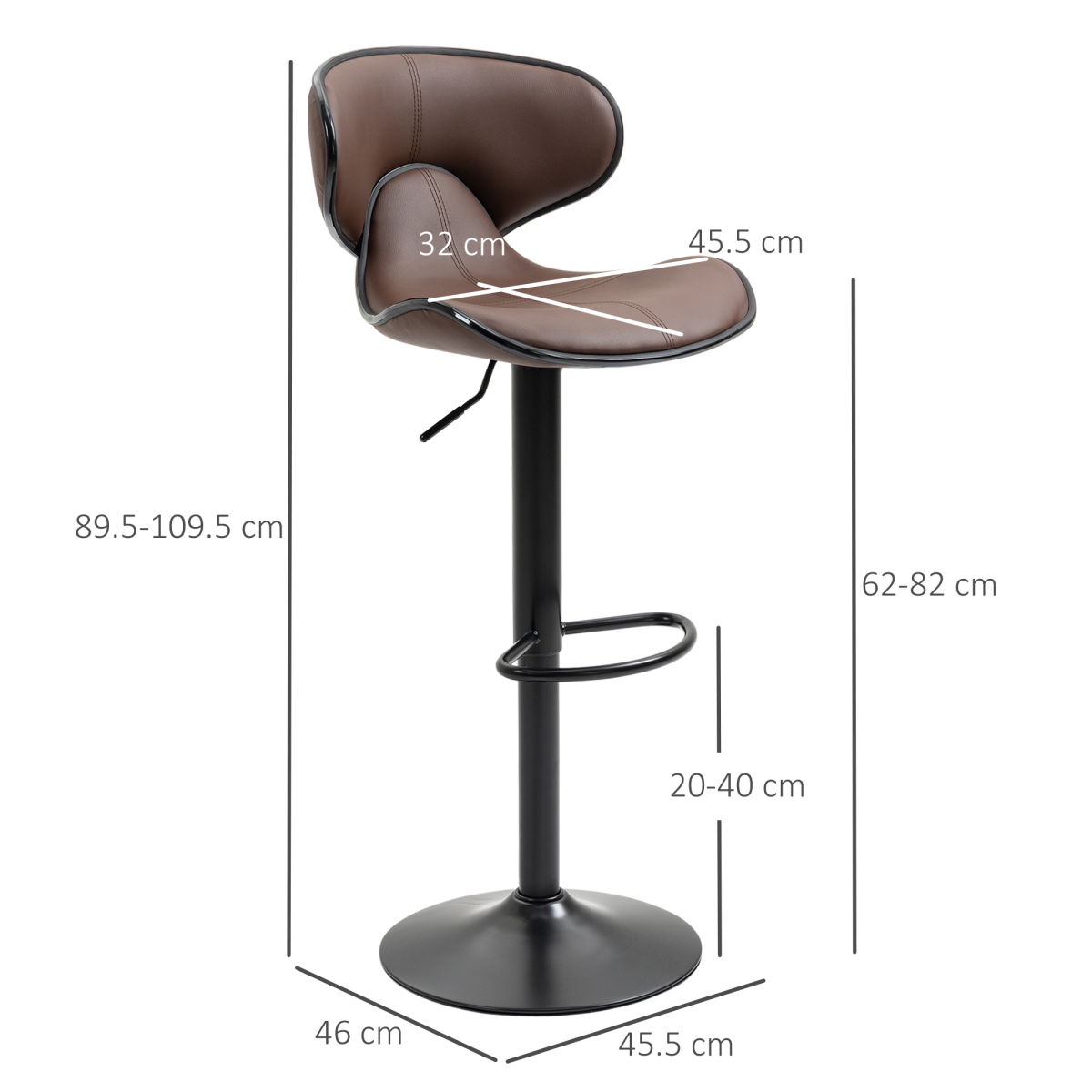 HOMCOM Set of 2 Adjustable Swivel Bar Stools with Backrest, Footrest and Steel Frame, Faux Leather Upholstery