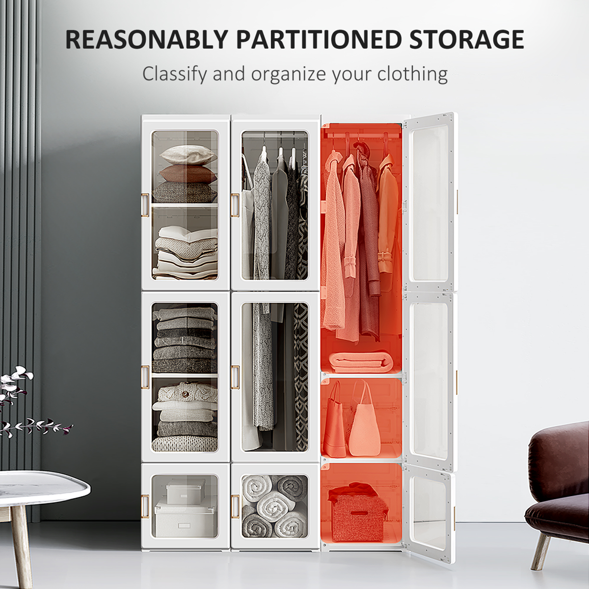 HOMCOM Folding Wardrobe with 8 Compartments and 2 Hanging Rods, White