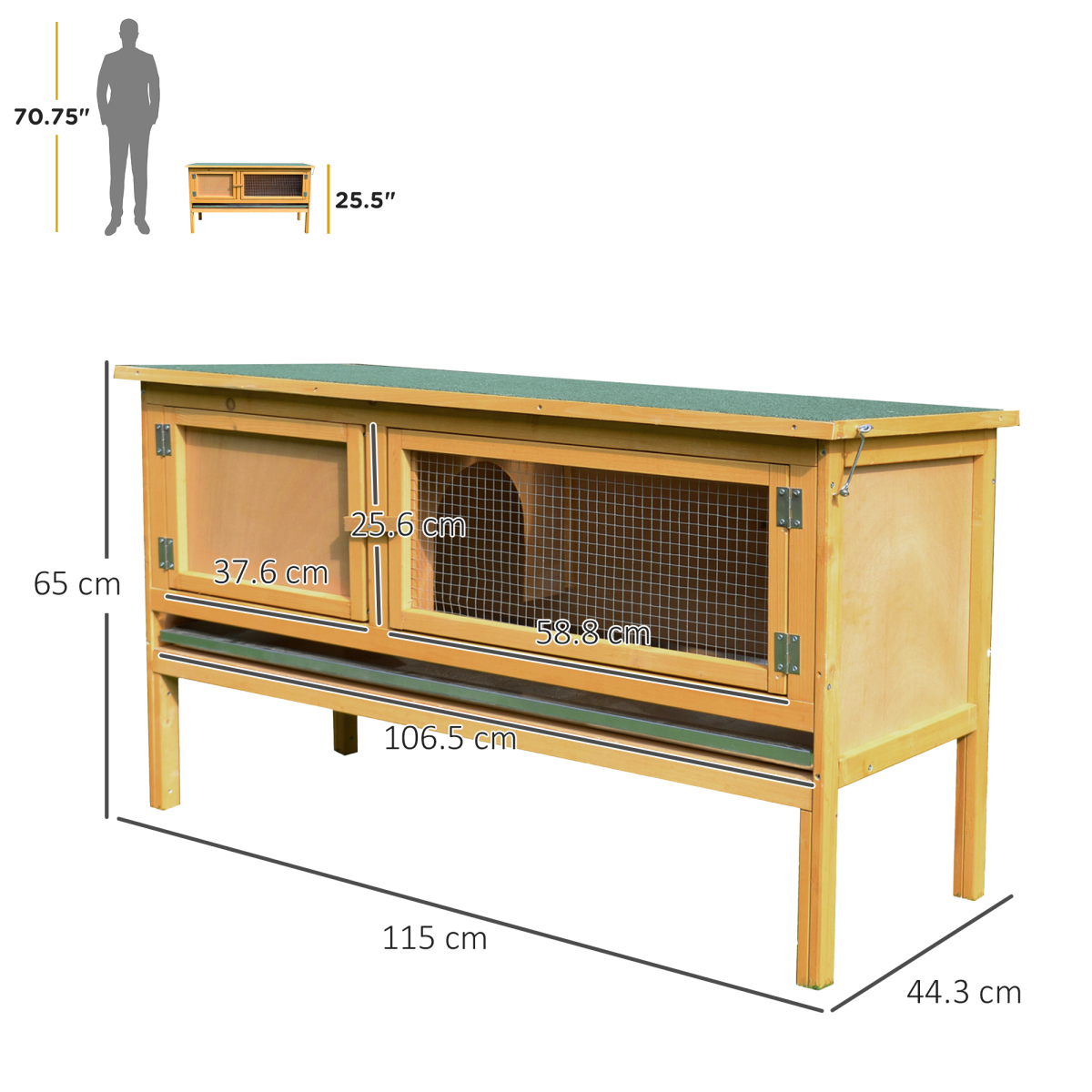 PawHut Wooden Rabbit Hutch Outdoor Bunny Cage with Hinged Top & Tray