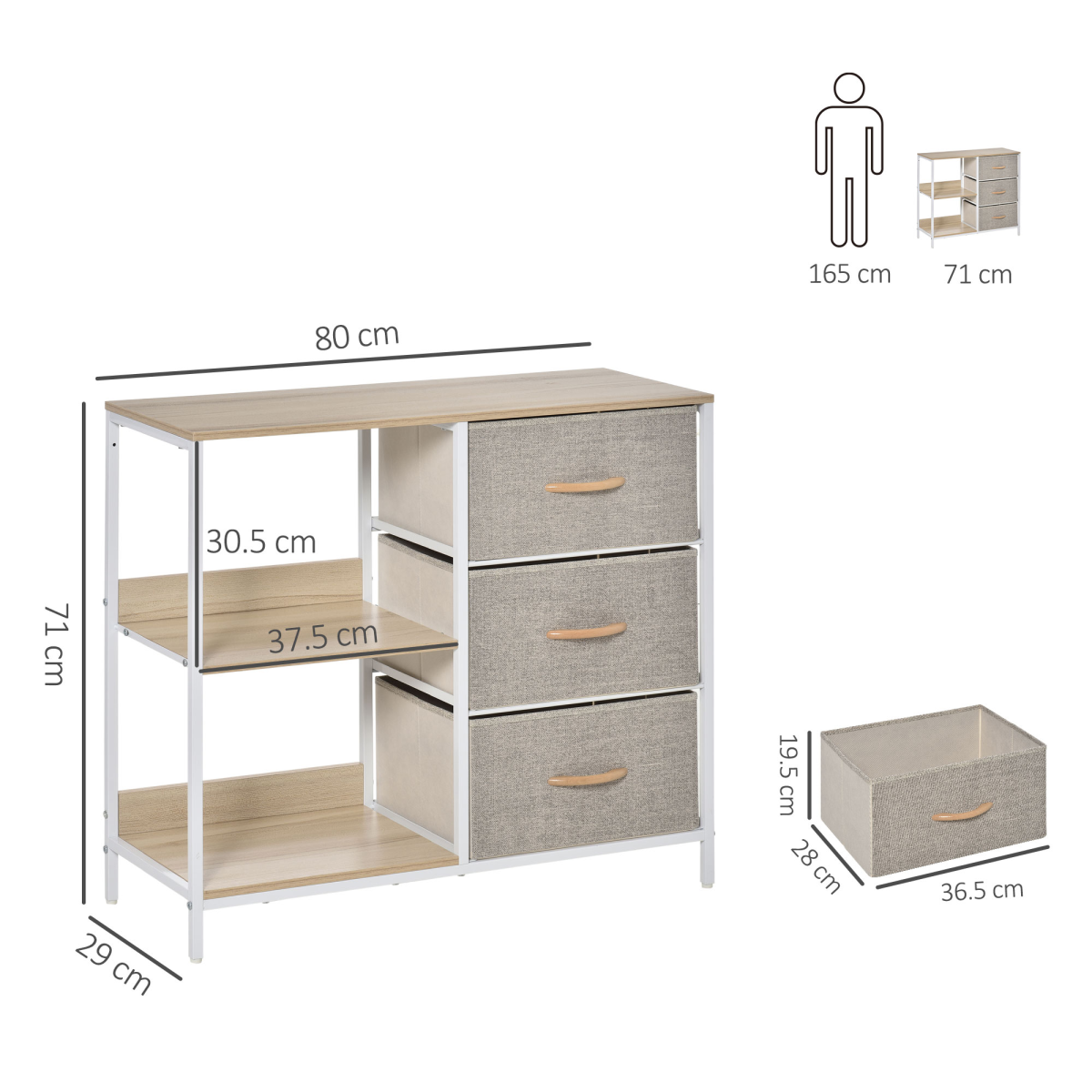 Beige Chest Dresser with 3 Drawers, 3 Shelves and Metal Frame