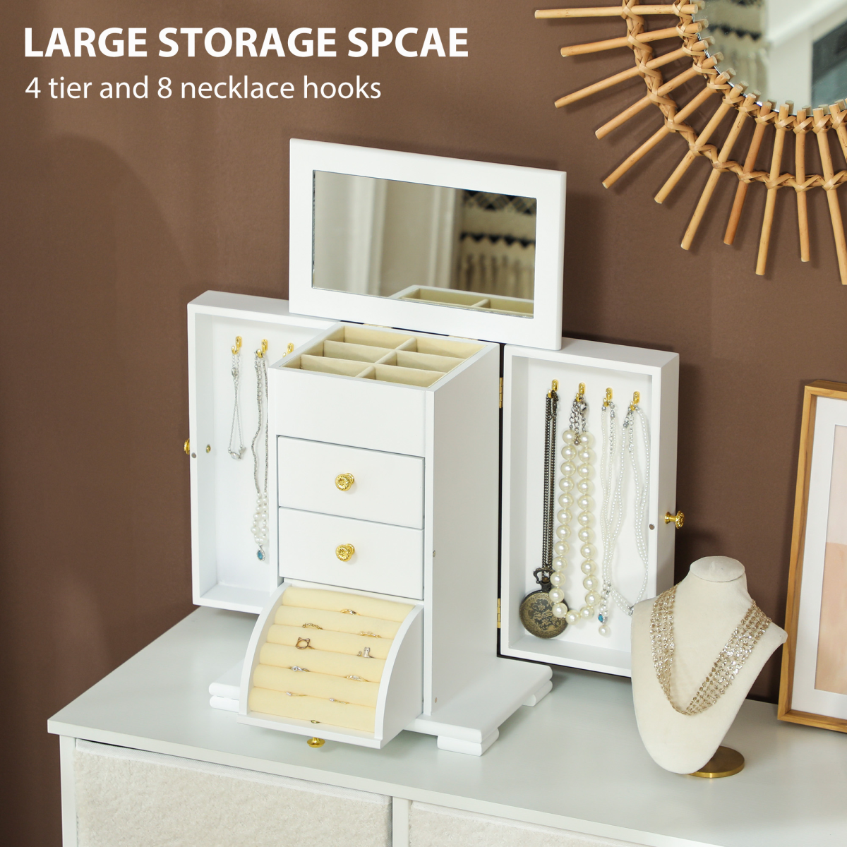 HOMCOM 4-Tier Jewellery Box with Mirror and 2 Drawers, White