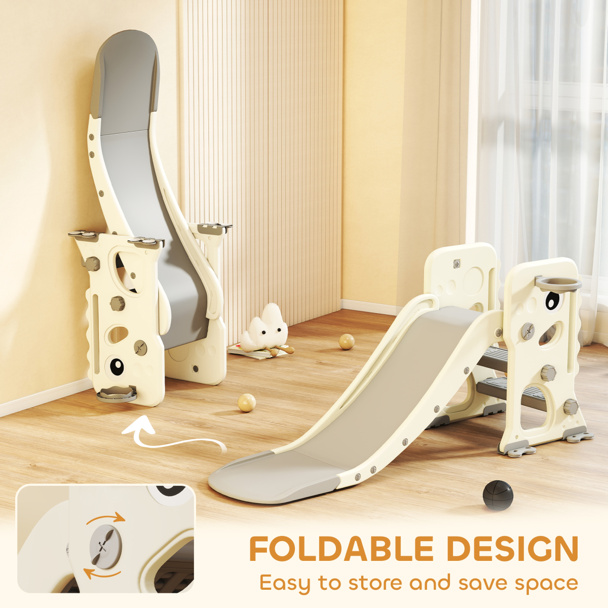 AIYAPLAY Foldable 3-in-1 Kids Slide, Climber & Basketball Hoop