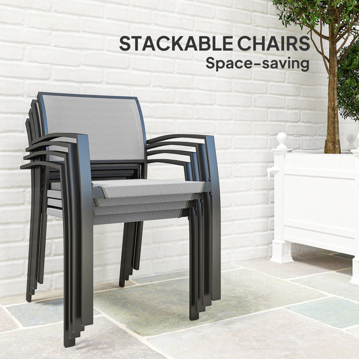 Outsunny 5-Piece Grey Garden Dining Set with 4 Stackable Armchairs