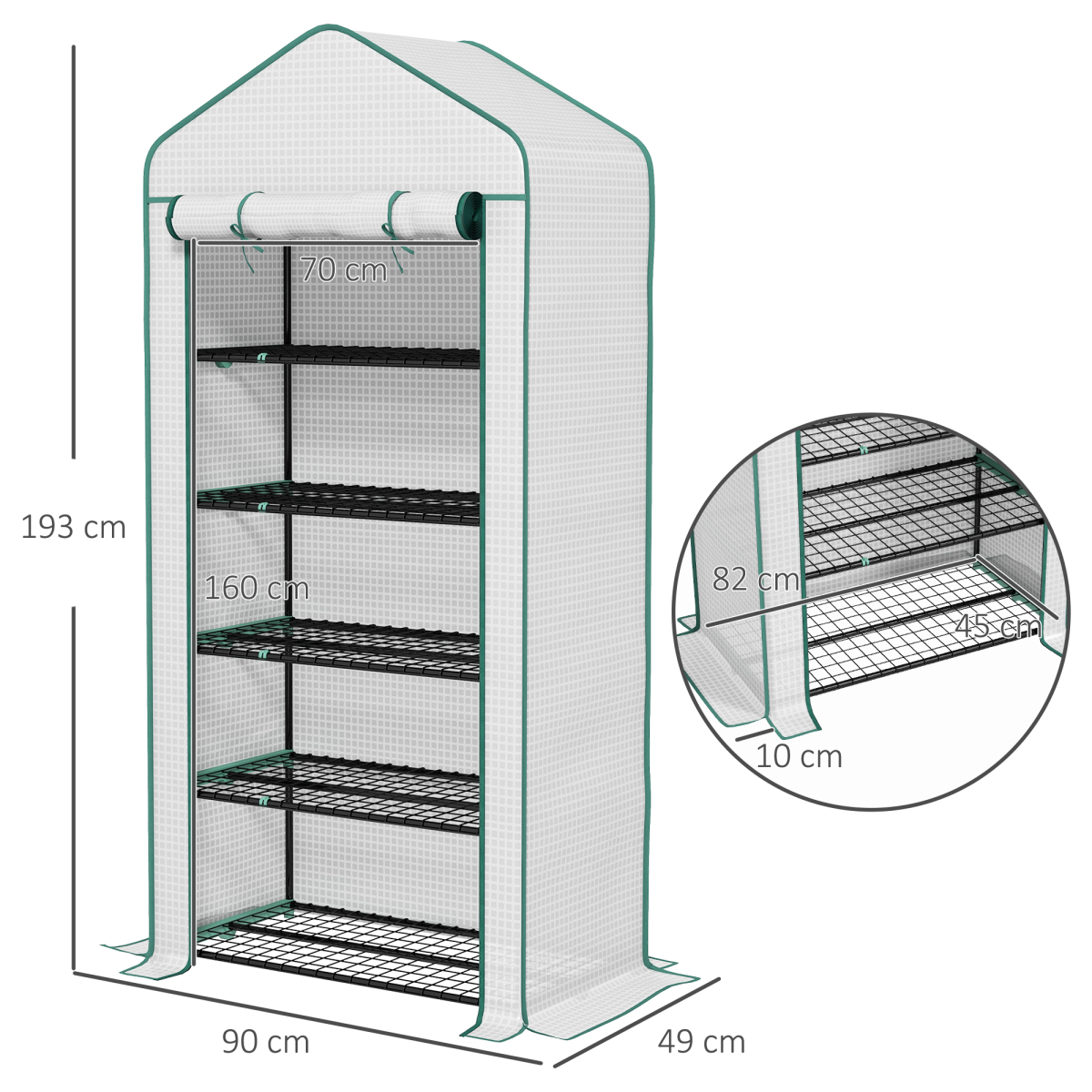 Outsunny 5-Tier Mini Greenhouse with Wide Roll-Up Door, White, 90 x 49 x 193 cm