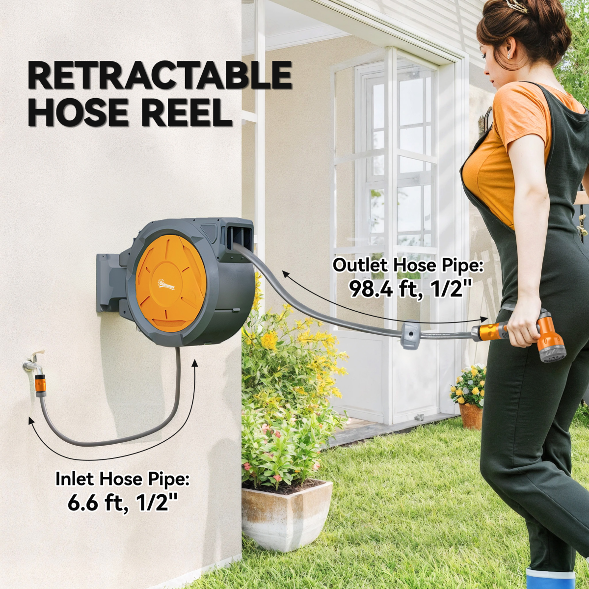 Outsunny 30m Retractable Wall Mounted Hose Reel with Lock, Orange