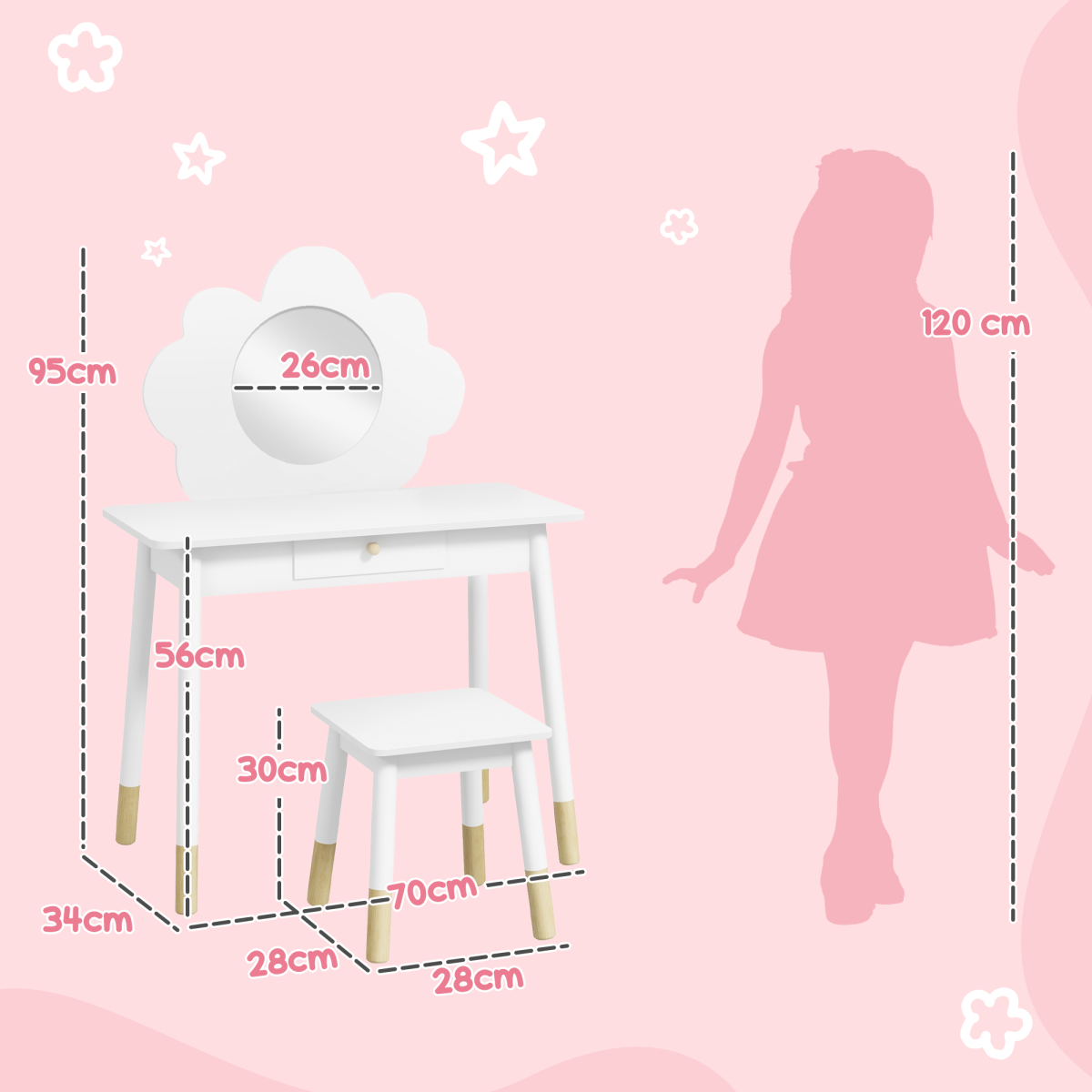 AIYAPLAY Kids Cloud Dressing Table Set with Mirror, Stool & Drawer