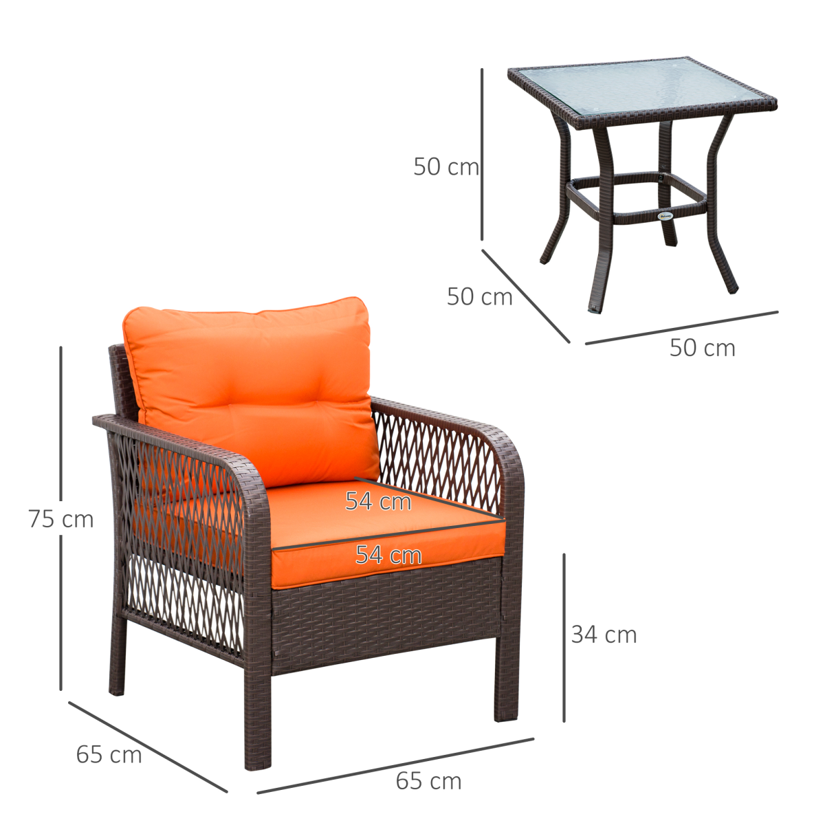 Outsunny 3-Piece Orange Patio Rattan Bistro Set with Cushions & Glass Table