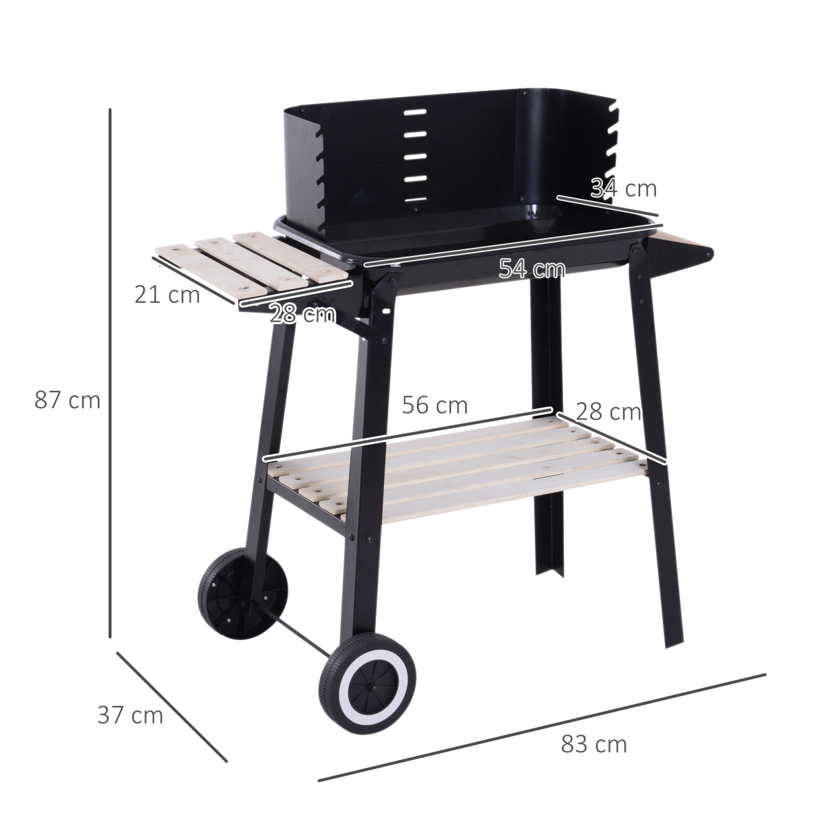 Outsunny Charcoal BBQ Grill with Adjustable 4-Height Grill Pan, Side Wind Shield, Shelf and Wheels, 87 x 45 x 83 cm, Black