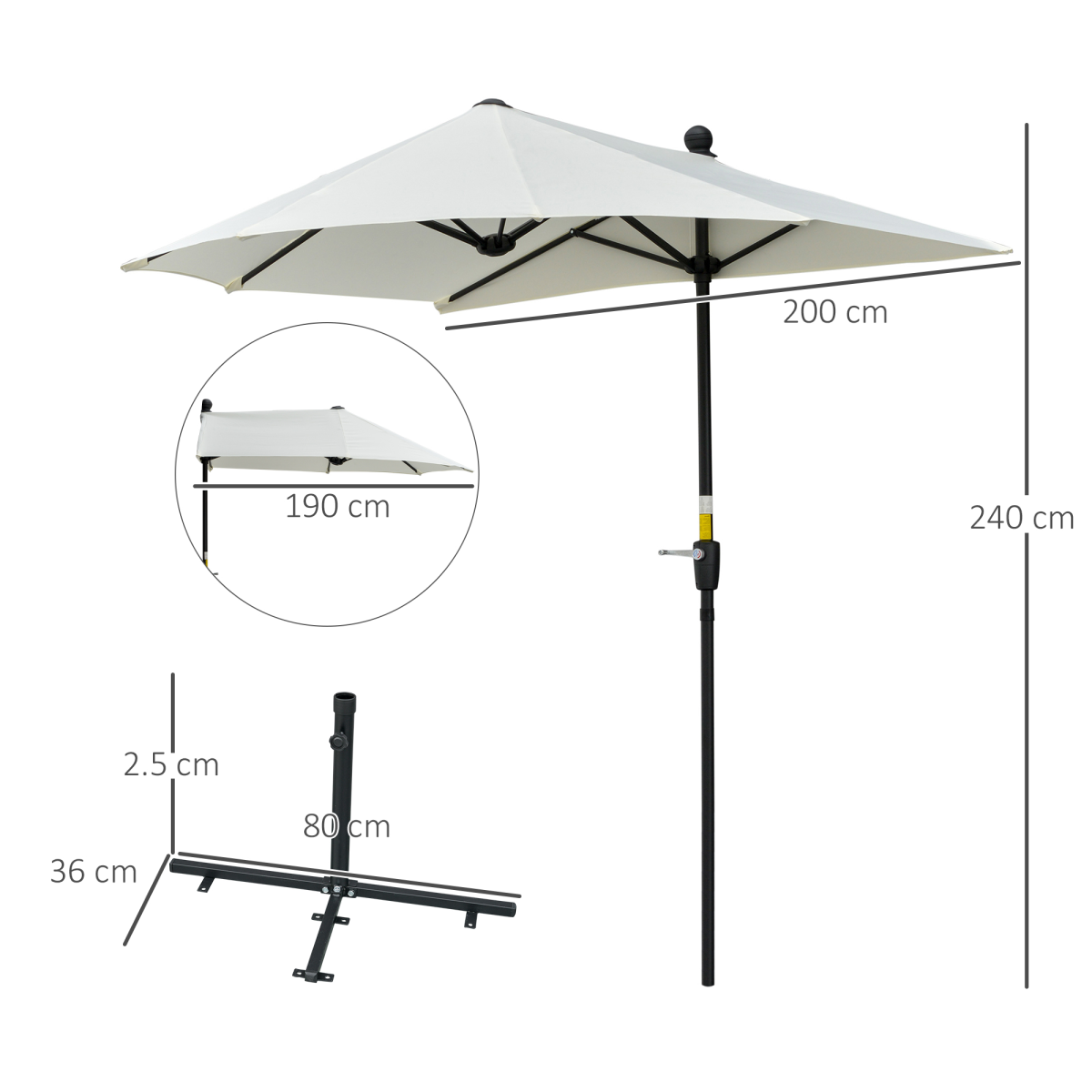 Outsunny 2m Half Balcony Parasol Umbrella with Crank Handle, Cross Base, Cream White