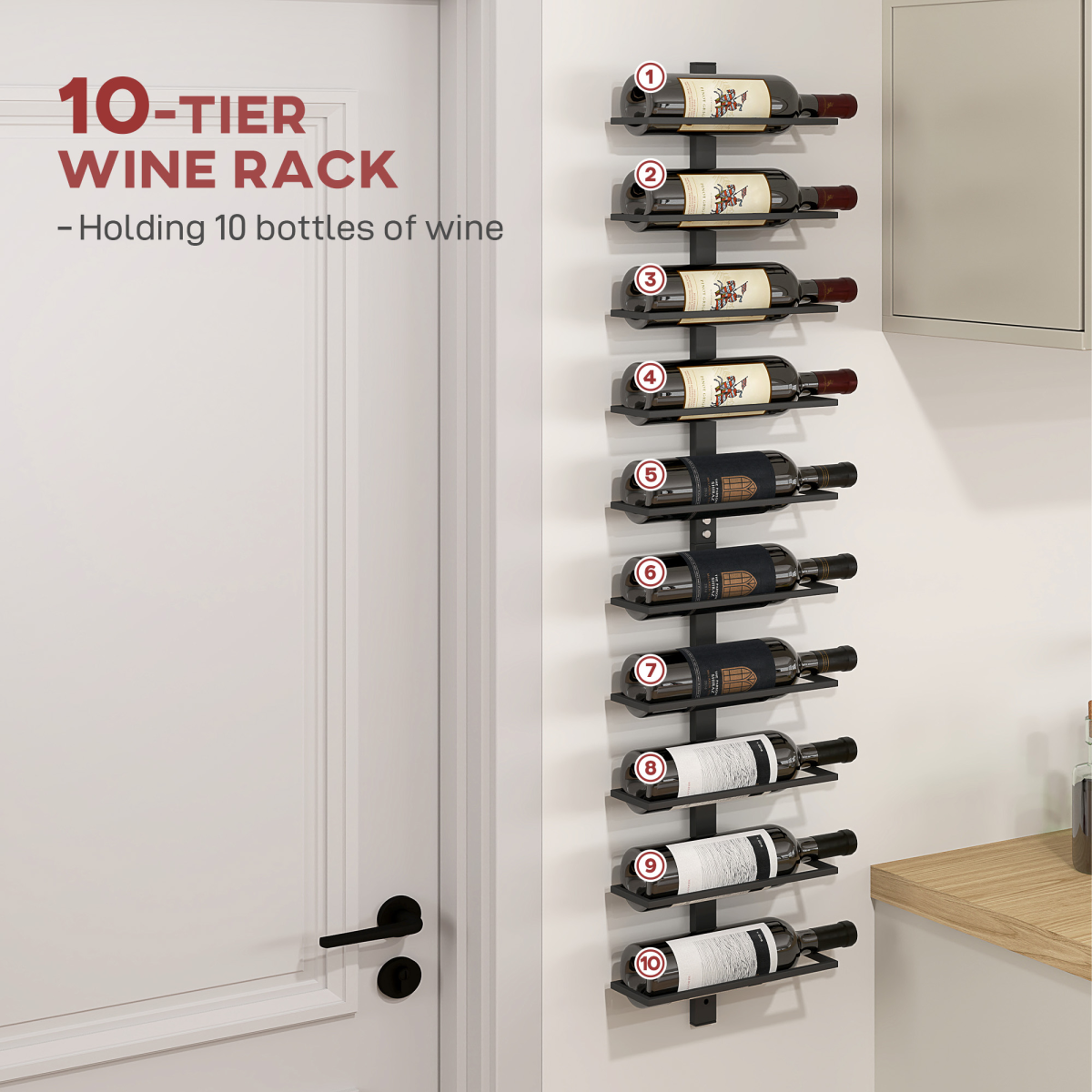 HOMCOM Wall-Mounted 10-Bottle Wine Rack, Black Steel
