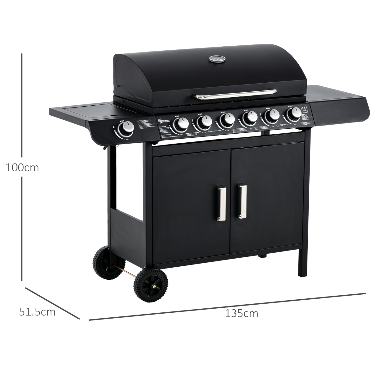 Outsunny 6+1 Burner Gas BBQ Grill with Side Burner, Wheels & Cabinet