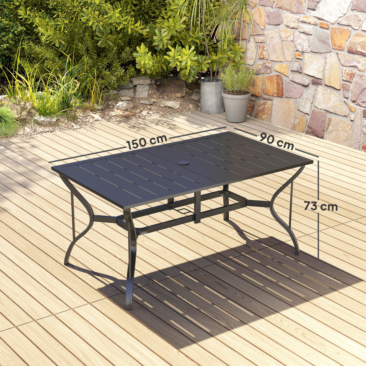 Outsunny Garden Dining Table, 150 x 90cm Steel Slatted Top, Black, 6 Seater Balcony Table