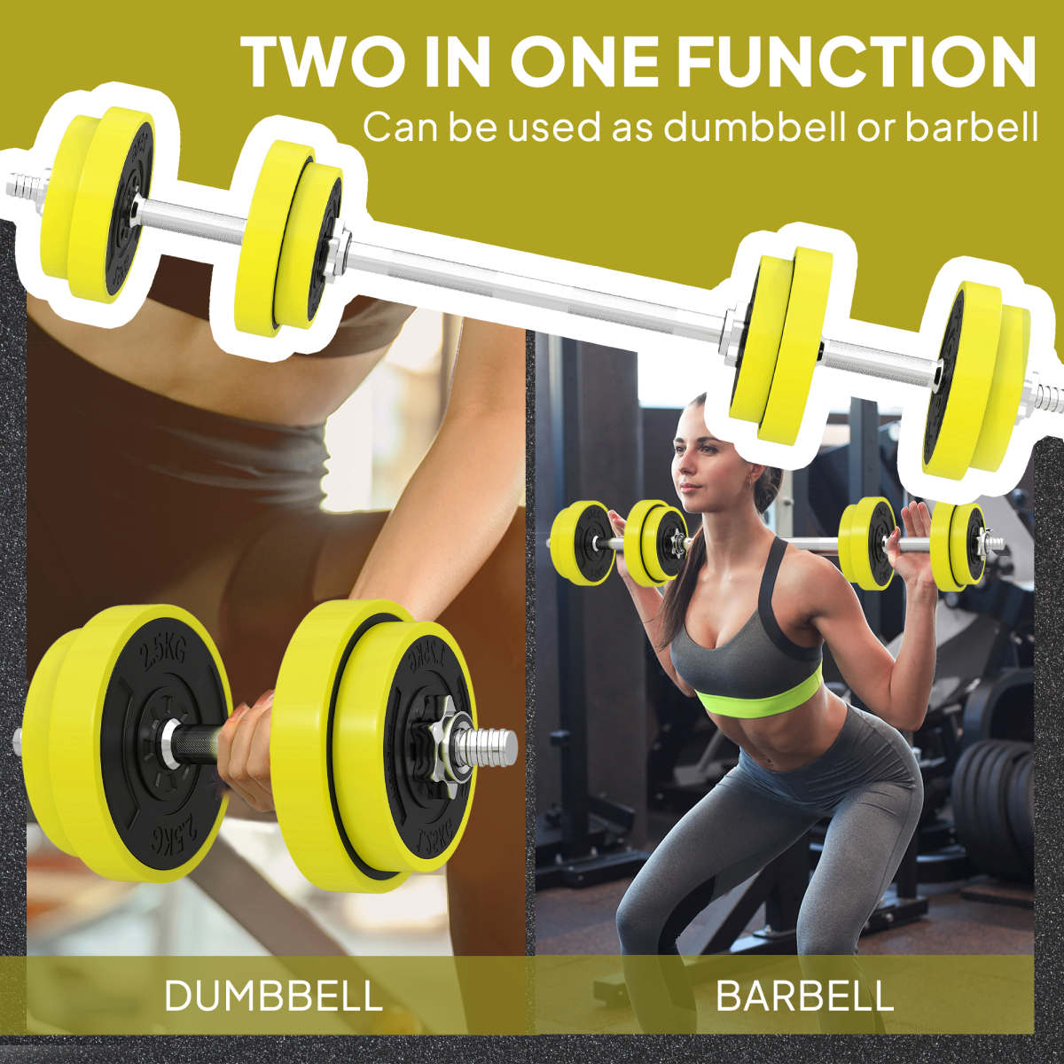 HOMCOM 20kg Adjustable 2-in-1 Dumbbell & Barbell Set, Yellow