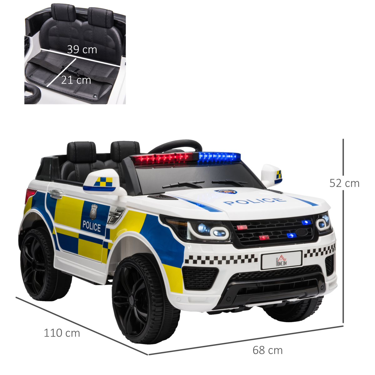 12V Kids Electric Ride On Police Car with Remote Control, Siren, Bluetooth, Lights, 3-6 Years