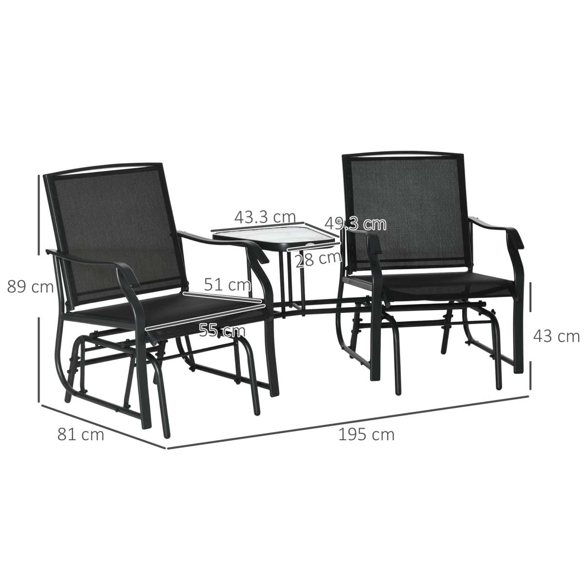 Outsunny Double Glider Rocking Chair Love Seat with Glass Middle Table, Mesh Fabric, Steel Frame