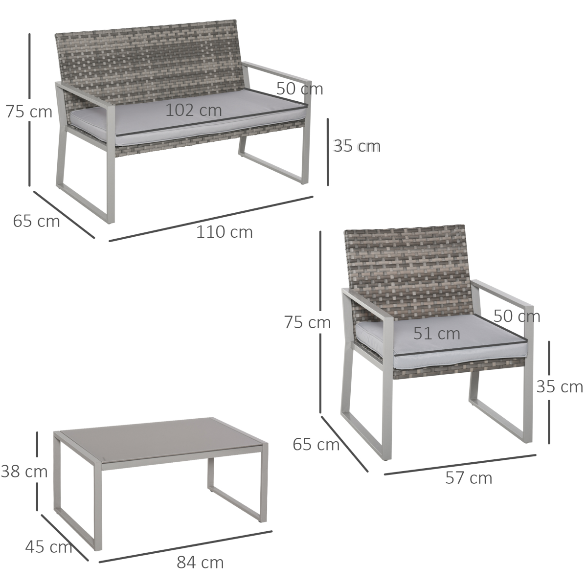 Outsunny 4-Piece Grey Rattan Outdoor Seating Set with Table