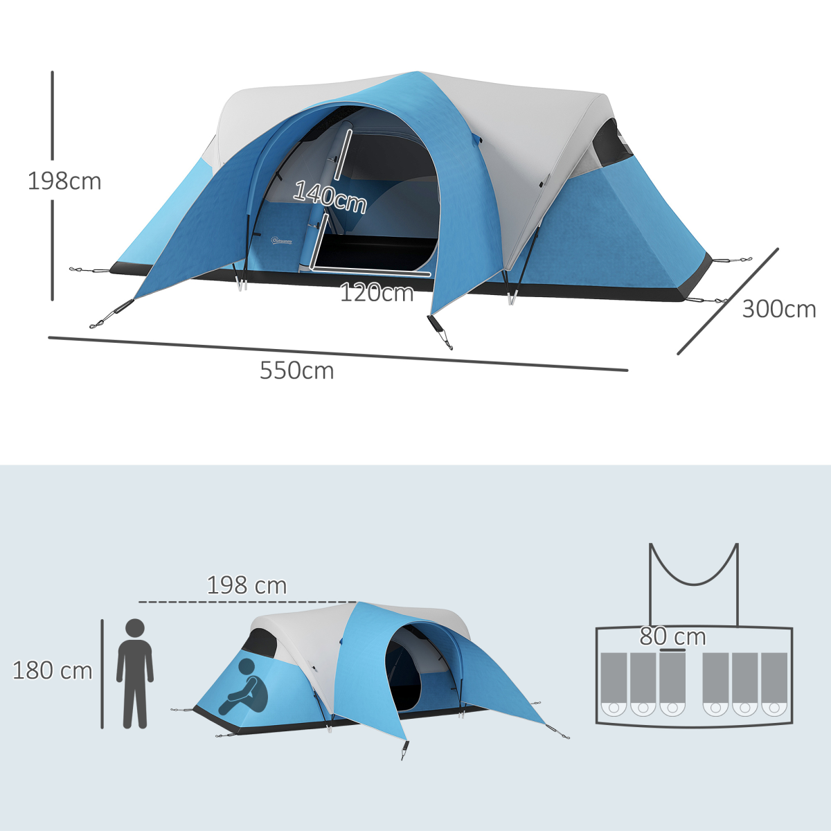 Outsunny 5-6 Person Waterproof Camping Tent with Porch & Groundsheet, Blue