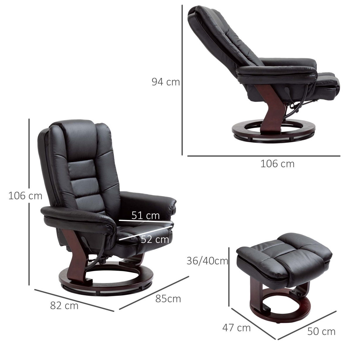 Swivel Manual Recliner and Footrest Set, PU Lounge Chair with Wooden Base, Black