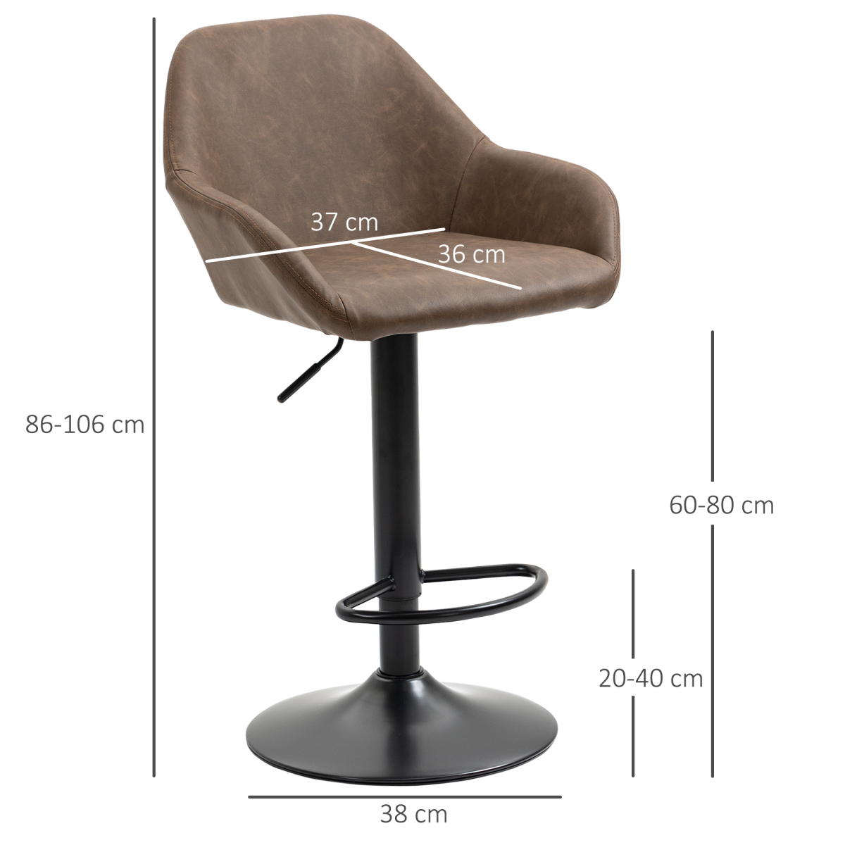 HOMCOM Set of 2 Swivel Bar Stools with Footrest and Backrest, Adjustable Height, PU Leather and Steel, Brown