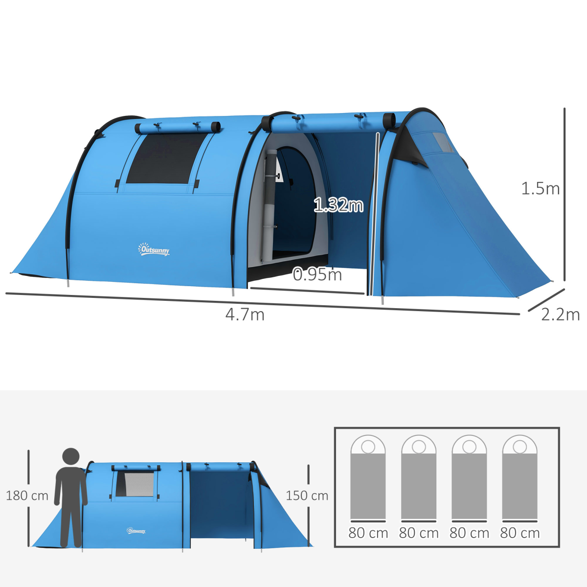Outsunny 2-Room Camping Tent for 3-4 People, 3000mm Waterproof