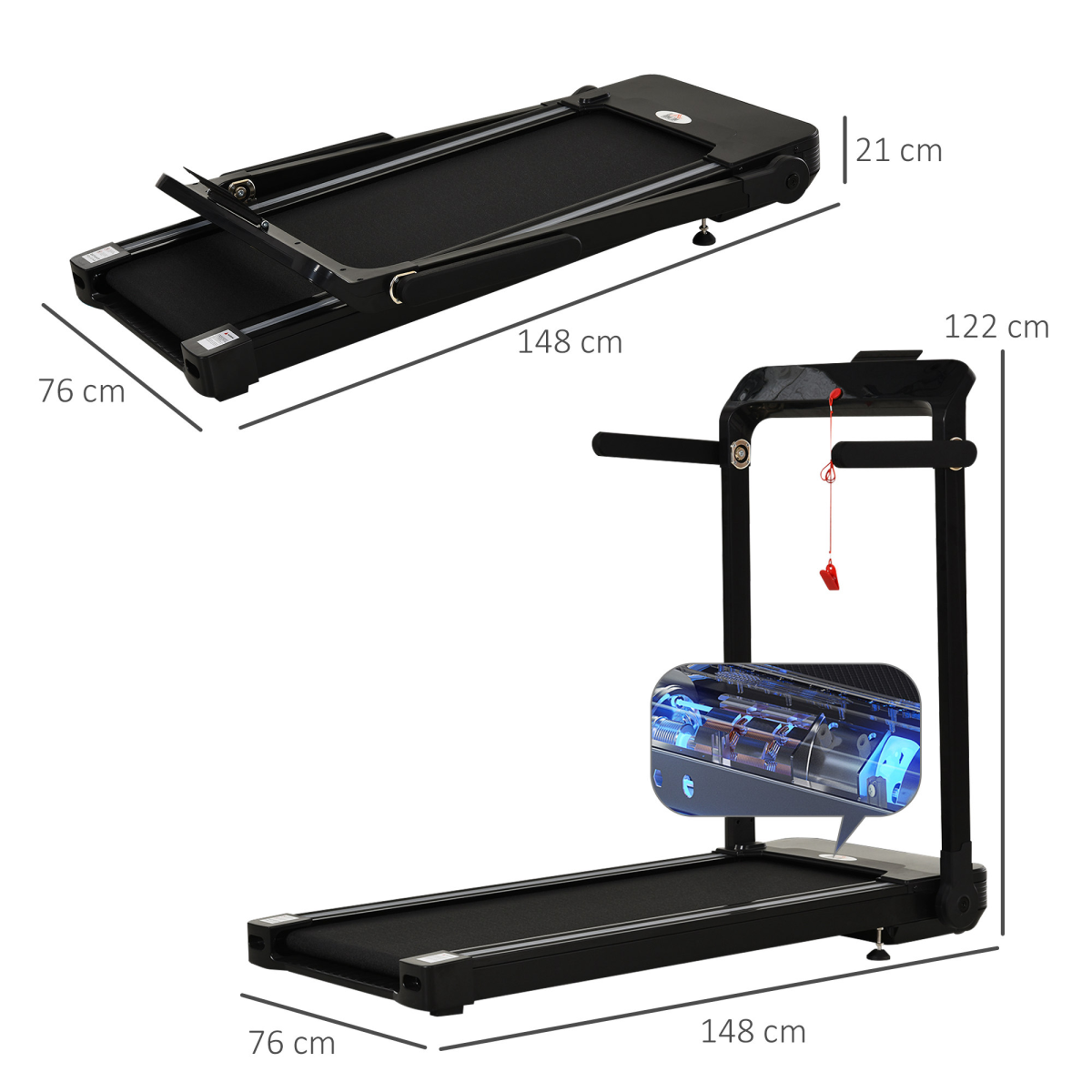 HOMCOM Foldable Electric Treadmill 1.85HP 12km/h LED Screen Safety Lock Black