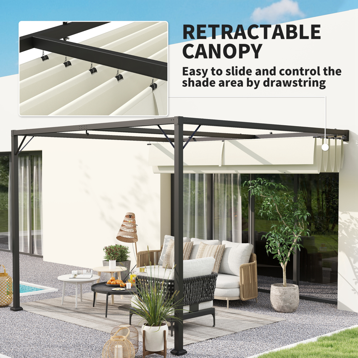 Outsunny 3x3m Wall-Mounted Pergola with Retractable Canopy, Cream White