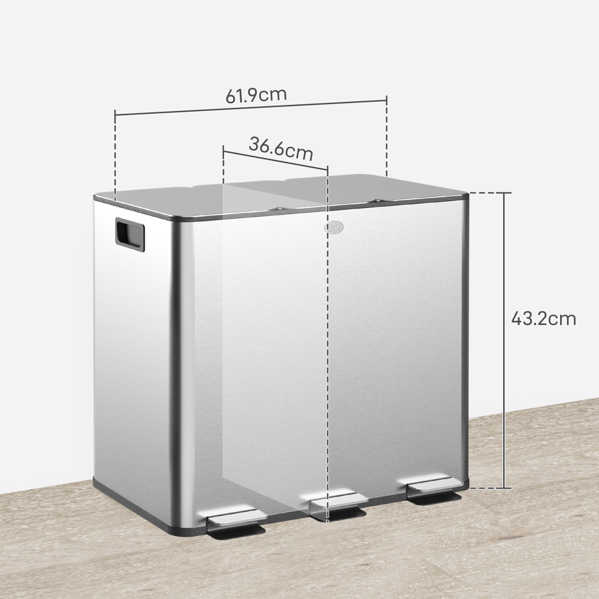 HOMCOM 45L Triple Kitchen Pedal Bin for Recycling and Waste, Silver