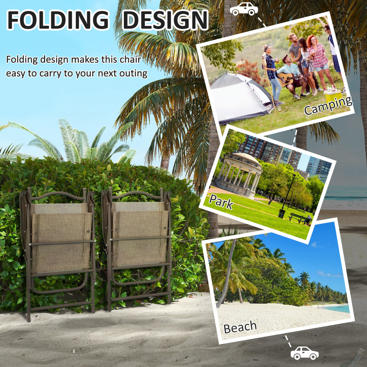 Outsunny Set of 2 Folding Mesh Chairs, Steel Frame, Mixed Brown